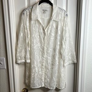 Dana Buchman Sheer White Embroidered Blouse